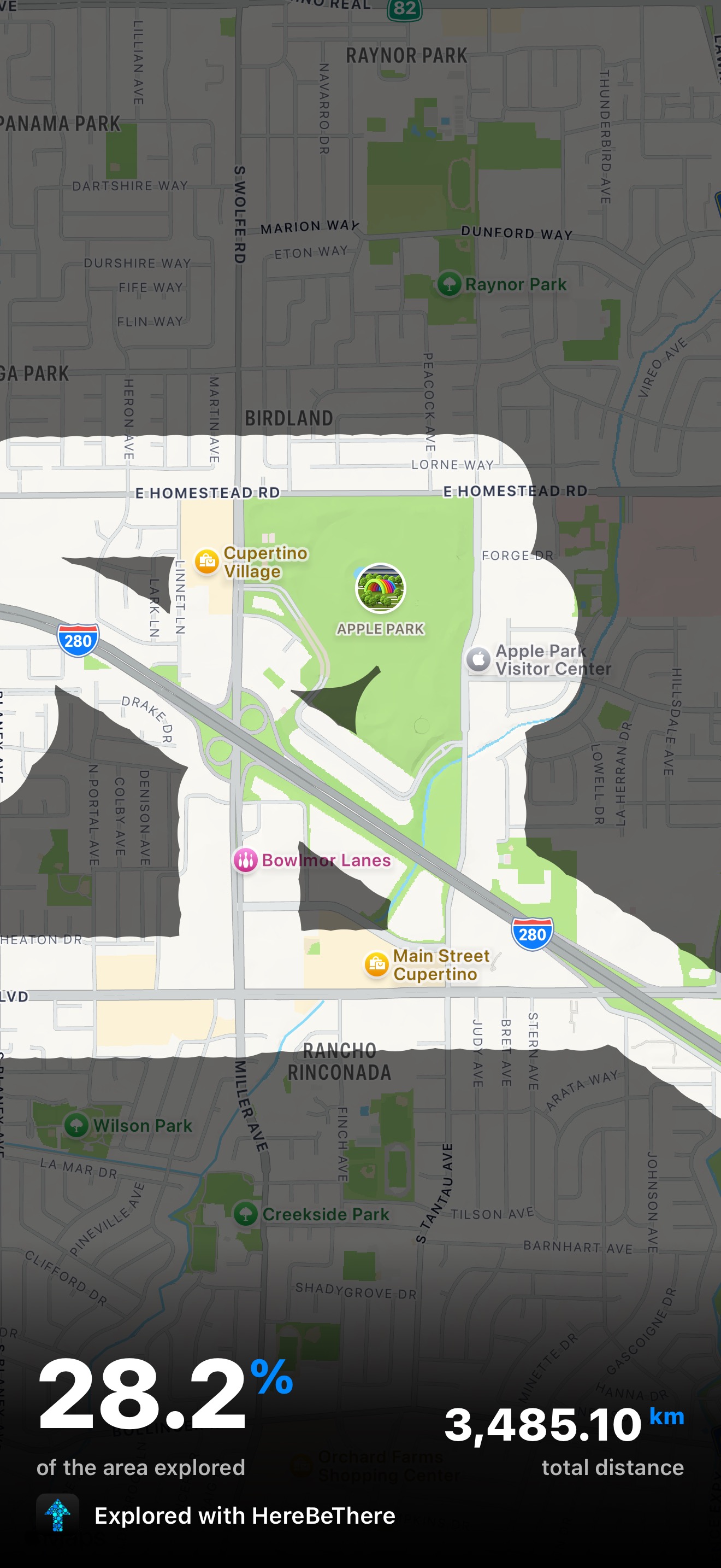 HereBeThere map showing explored streets around Apple Park, Cupertino — 28.2% of the area explored