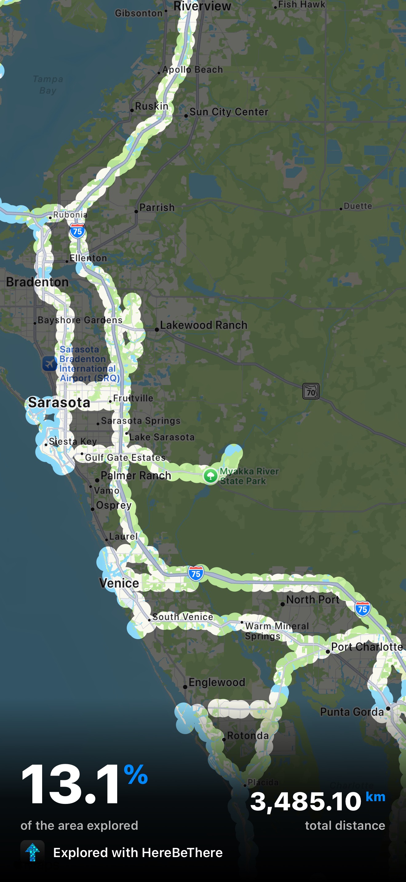 HereBeThere map showing an explored coastal route from Sarasota to Port Charlotte, Florida — 13.1% of the area explored